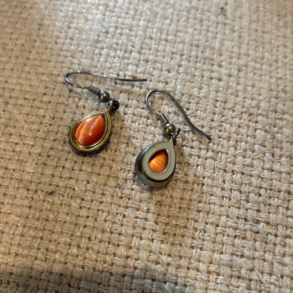 Jewelry - Elegant Orange dyed cats eyes and brass Teardrop Earrings